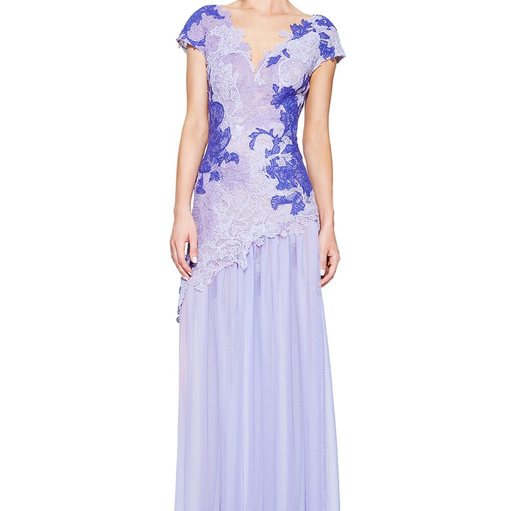 Lace Chiffon Cap Sleeve V-Neck Evening Gown Dress